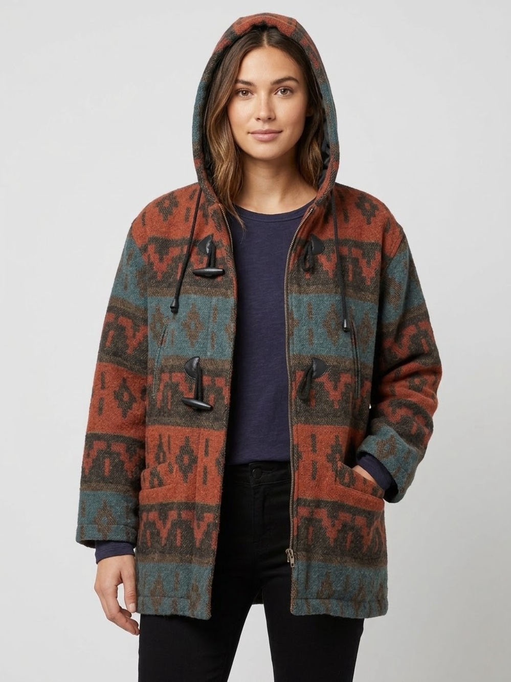 Heavy Vintage-Inspired Hooded Wool Coat in Rust & Teal - Tela & SERRA